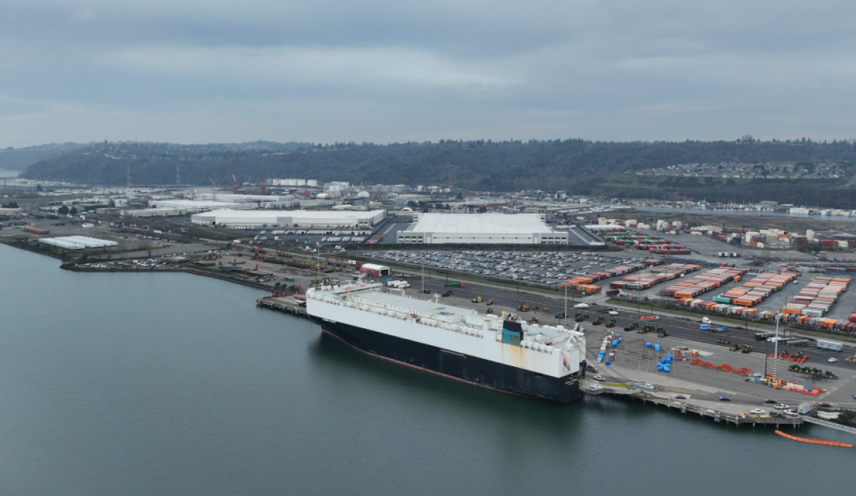This aerial view of the Blair Waterway shows the site of the existing EB1 terminal (right, with ship) and the intended future Puyallup Tribal Terminal (left).