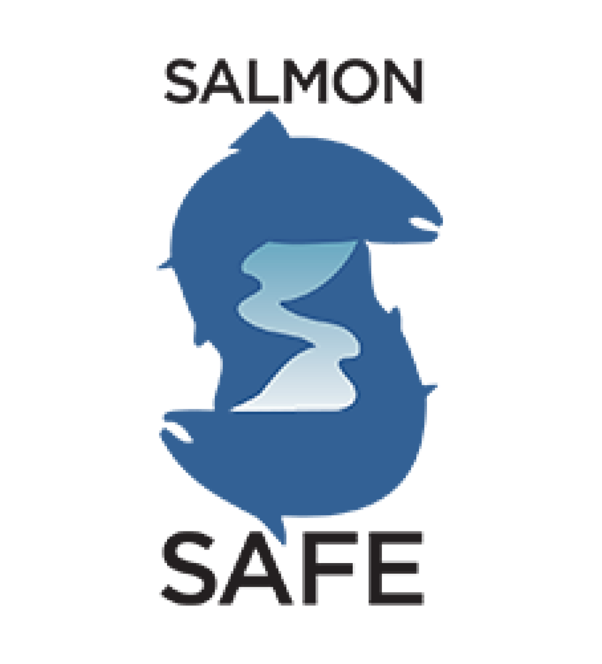 Salmon Safe logo of two blue salmon in the yin and yang orientation.