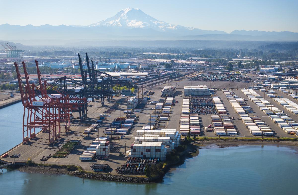 Drone shot of the West Sitcum Terminal on a sunny day with Mt. Rainier in the background